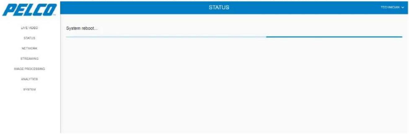 PELCO STATUS TECHNICIAN Live video STATUS NETWORK STREAMING IMAGE PROCESSING ANALYTICS SYSTEM System reboot...