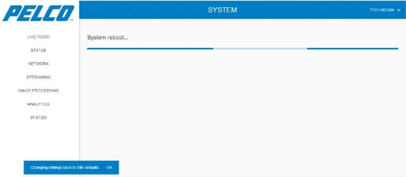 PELCO TM SYSTEM TECHNICIAN LIVE VIDEO STATUS NETWORK STREAMING IMAGE PROCESSING ANALYTICS SYSTEM System reboot... Changing settings back to Site defaults. OK