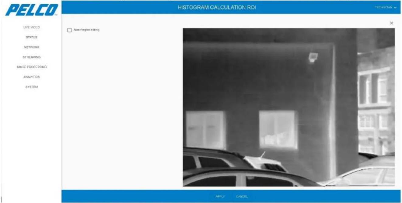 PELCO HISTOGRAM CALCULATION ROI TECHNICIAN LIVE VIDEO STATUS NETWORK STREAMING IMAGE PROCESSING ANALYTICS SYSTEM □ Allow Region editing APPU® CANCEL