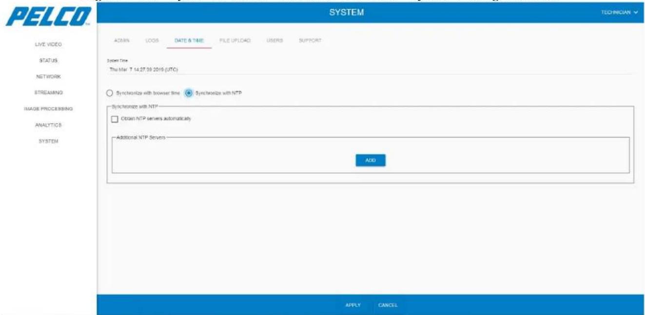 PELCO SYSTEM ADMIN LOGS DATE & TIME FILE UPLADD USERS SUPPORT System Time This Mar 7 14.27.39 2019 (UTC) Synchronize with browser time Synchronize with NTP Synchronize with NTP Obtain NTP servers automatically Additional NTP Servers ADD APPLY CANCEL