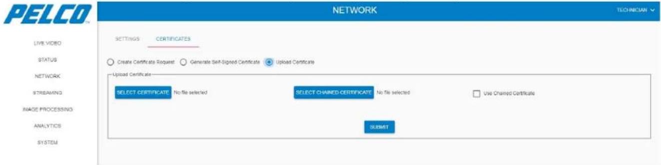 PELCO NETWORK TECHNICIAN LISTING CERITICATES CREATE Certificate Request Generate Self-Signed Certificate Upload Certificate UPLIAD CERTIFICATE SELECT CERTIFICATE No file selected SELECT CHAINED CERTIFICATE No file selected Use CHAINED Certificate SUBMIT