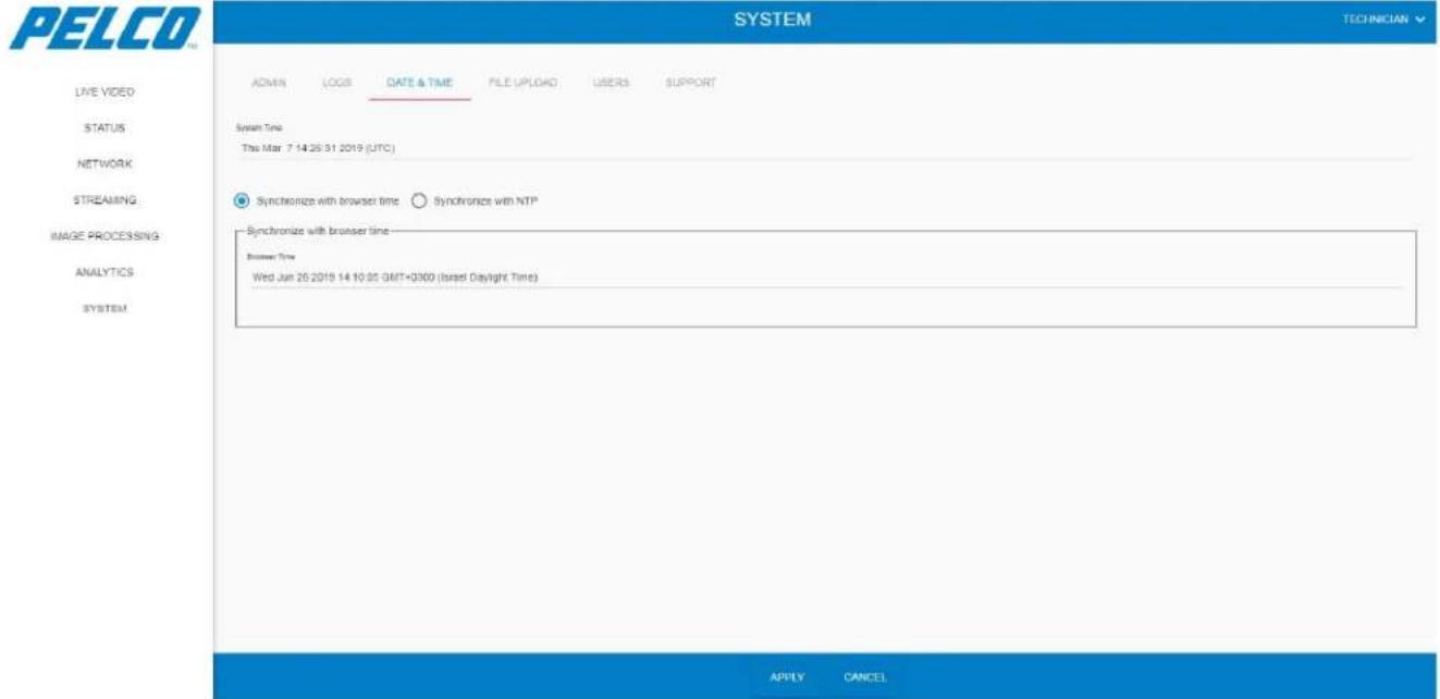 PELCO SYSTEM ADMIN LOGS GATE & TIME FILE UPLOADD USERS SUPPORT System Time Thu Mar 7 14 26 31 2019 (UTC) Synchronize with browser time Synchronize with NTP Synchronize with browser time Browser Time Wed Jun 26 2019 14 10:35 GMT+0000 (Israel Daylight Time) APPLY CANCEL