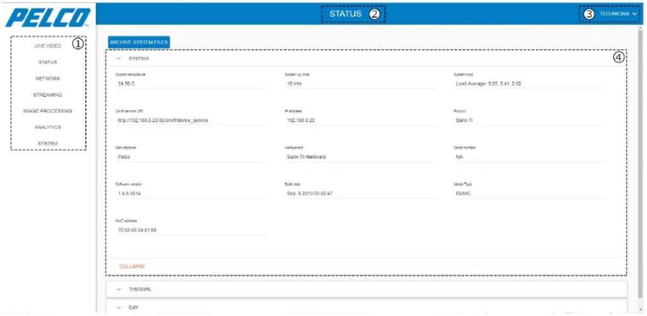 PELCO STATUS ② TECHNICIAN LIVE VIDEO STATUS NETWORK STREAMING IMAGE PROCESSING ANALYTICS SYSTEM ARCHIVE SYSTEM FILES SYSTEM System temperature System up time System load 31.36°C 10 min Load Average: 3.25, 3.41, 2.02 Oral service lift IP address Prestel http://192.188.0.20/80/or/illservice_service 192.188.0.20 Satix-TI Manufacturer Hardwind Serial number Petco Satix-TI Hardware NA Software version Build date Modie Type 1.6.6.5614 Sep. 6 2019 05:50:47 EUMC MAC address 70.03 d5.2x d1.98 COLLAPSE THERMAL DAY