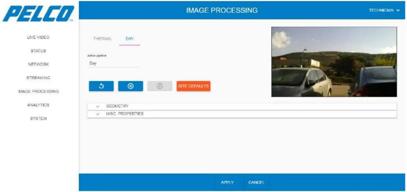 PELCO TV IMAGE PROCESSING TECHNICIAN LIVE VIDEO STATUS NETWORK STREAMING IMAGE PROCESSING ANALYTICS SYSTEM THERMAL DAY Active pipeline Day SITE DEFAULTS ✓ GEOMETRY ✓ MISC. PROPERTIES APPLY CANCEL