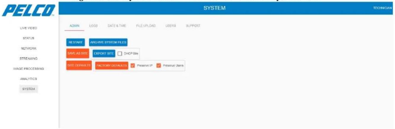 PELCO SYSTEM TECHNICIAN ADMIN LOGS DATE & TIME FILE UPLADD USERB SUPPORT RESTART ARCHIVE SYSTEM FILES SAVE AS SITE EXPORT SITE DHCP Site SITE DEFAULTS FACTORY DEFAULTS Preserve IP Preserve Users LIVE VIDEO STATUS NETWORK STREAMING IMAGE PROCESSING ANALYTICS SYSTEM