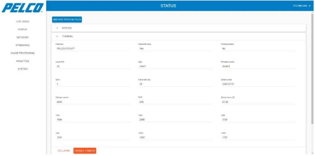 PELCO TM STATUS TECHNICIAN LIVE VIDEO STATUS NETWORK STREAMING IMAGE PROCESSING ANALYTICS SYSTEM ARCHIVE SYSTEM FILES ✓ SYSTEM THERMAL Platform PELCO EYE-Q™ Positive/Funding Yes Pending dates No Actual PS 20 Date 34977 Female version 0x4821 Q446 3 Frame code (HQ) 25 Serial number 230212137 Software version Q446 747 640 Serial temp. (Q) 27.26 Title 1834 Vote 2949 Light 2128 Volume 1541 Volume 1360 Units1 1727 COLLAPSE DISABLE CASHIA