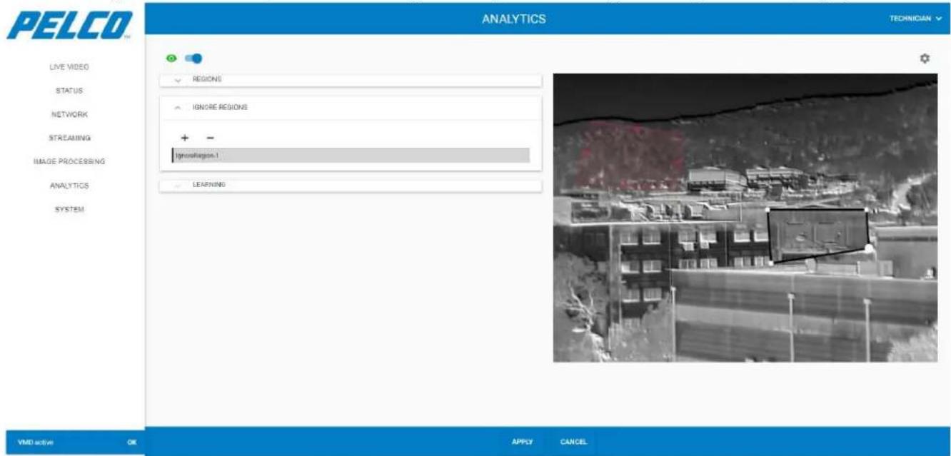 PELCO TM ANALYTICS TECHNICIAN LIVE VIDEO STATUS NETWORK STREAMING IMAGE PROCESSING ANALYTICS SYSTEM VMD active OK REGIONS IGNORE REGIONS + - Ignorations-1 LEARNING APPLY CANCEL