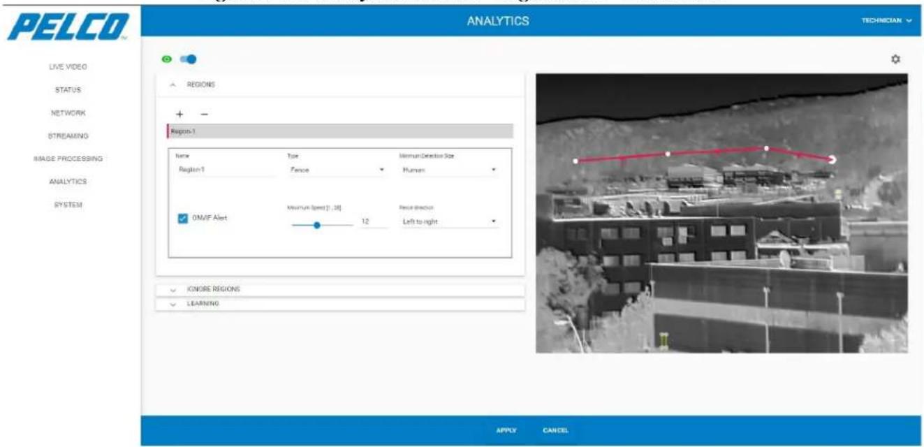 PELCO ANALYTICS TECHNICIAN LIVE VIDEO STATUS NETWORK STREAMING IMAGE PROCESSING ANALYTICS SYSTEM REGIONS + - Region-1 Name Type Human Detection Size Region-1 Fence Human 0M/F Alert Maximum speed [ ] , 36 12 Face direction Left to right IGNORE REGIONS LEARNING APPLY CANCEL