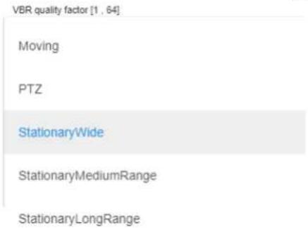 VBR quality factor [1, 64] Moving PTZ StationaryWide StationaryMediumRange StationaryLongRange