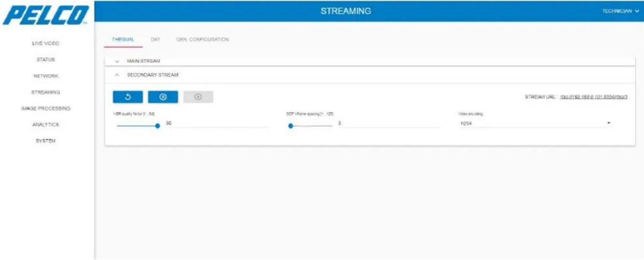 PELCO STREAMING TECHNICIAN THERMAL DAY GEN. CONFIGURATION MAIN STREAM SECONDARY STREAM USB Quality factor (7, -34) 60 00P (Frame spacing(1, 125) 5 Video encoding h254 STREAM URL: https://192.168.0.101.8554/mq3