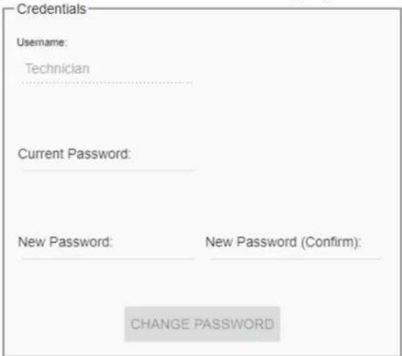 Credentials Username: Technician Current Password: New Password: New Password (Confirm): CHANGE PASSWORD