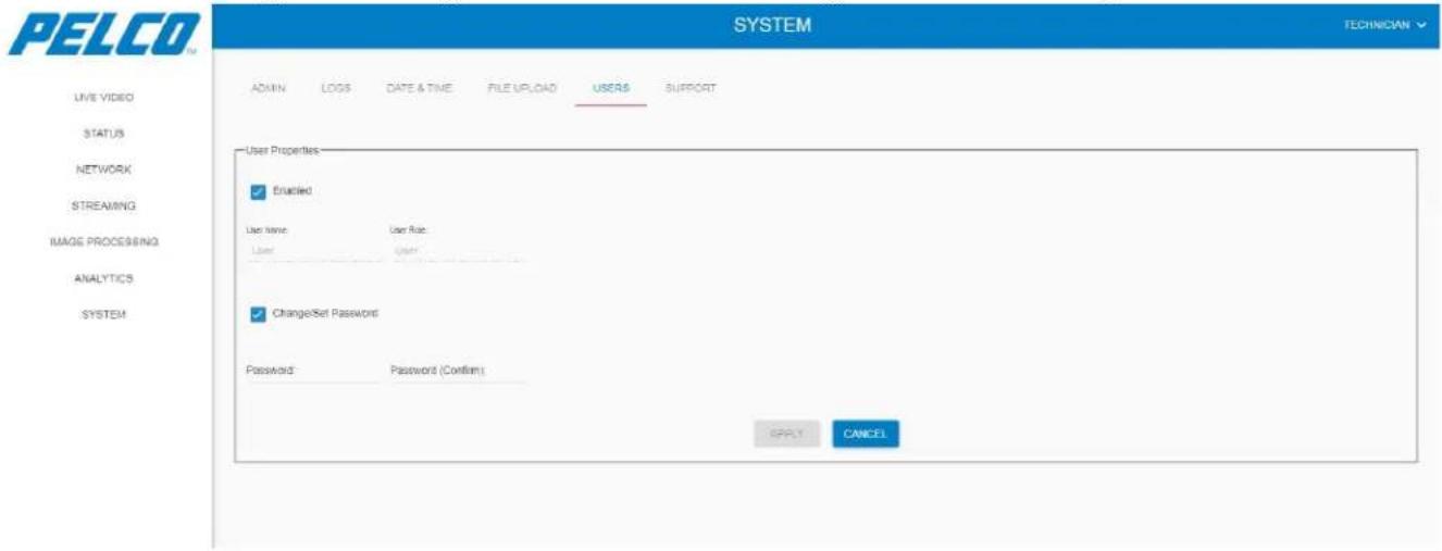 PELCO SYSTEM ADMIN LOGS DATE & TIME FILE UPLOAD USERS SUPPORT USER PROPERTIES Enabled User time User Rate User User Change/Set Password Password Password (Confirm) SPPPLY CANCEL