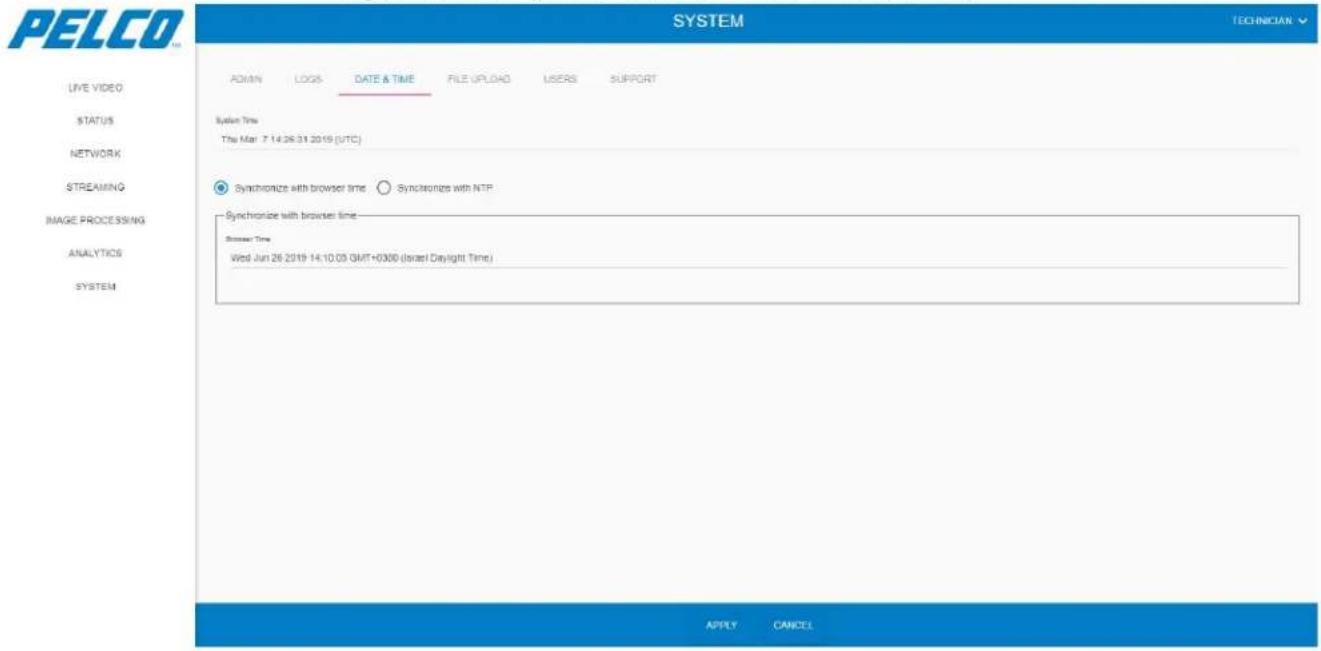 PELCO SYSTEM TECHNICIAN LOVAN LOGS DATE & TIME FILE UPLOAD USERS SUPPORT System Time Thu Mar 7 14 26 31 2019 (UTC) Synchronize with browser time Synchronize with NTP Synchronize with browser time Browser Time Wed Jun 26 2019 14:10.03 GMT+0300 (Israel Daylight Time) APPLY CANCEL