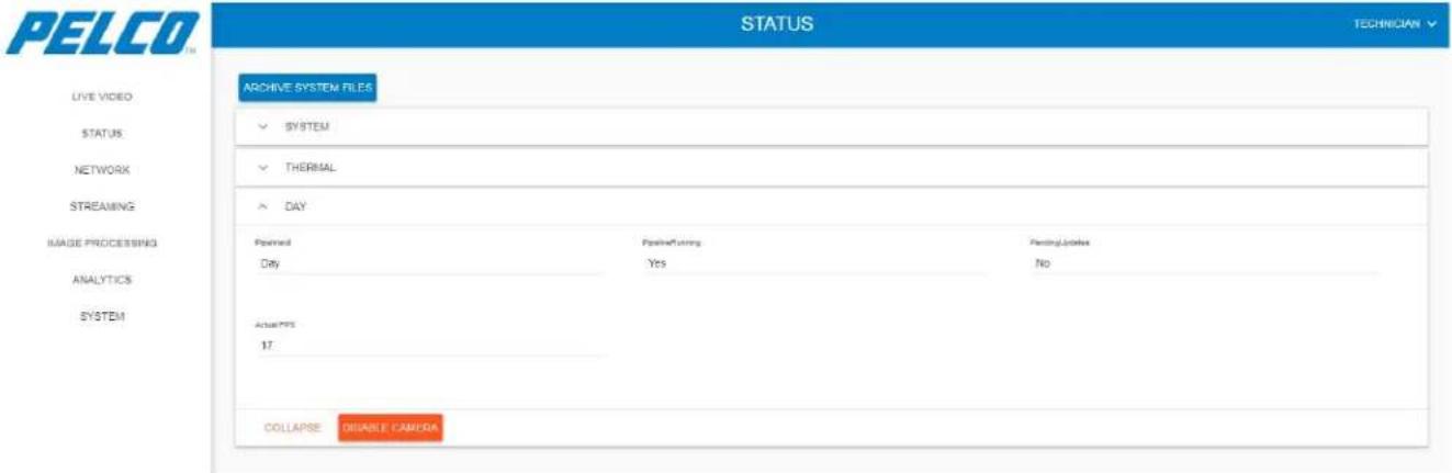 PELCO TM STATUS TECHNICIAN LIVE VIDEO STATUS NETWORK STREAMING IMAGE PROCESSING ANALYTICS SYSTEM ARCHIVE SYSTEM FILES ✓ SYSTEM ✓ THERMAL DAY Powered Daily Possible/Starting Yes Pending/Startles No Active/PS 17. COLLAPSE DISABLE CAMERA