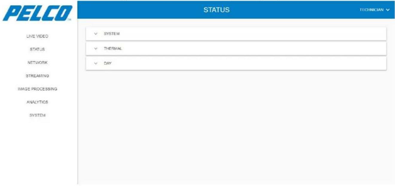 PELCO TM STATUS TECHNICIAN LIVE VIDEO ✓ SYSTEM STATUS ✓ THERMAL NETWORK ✓ DAY STREAMING IMAGE PROCESSING ANALYTICS SYSTEM
