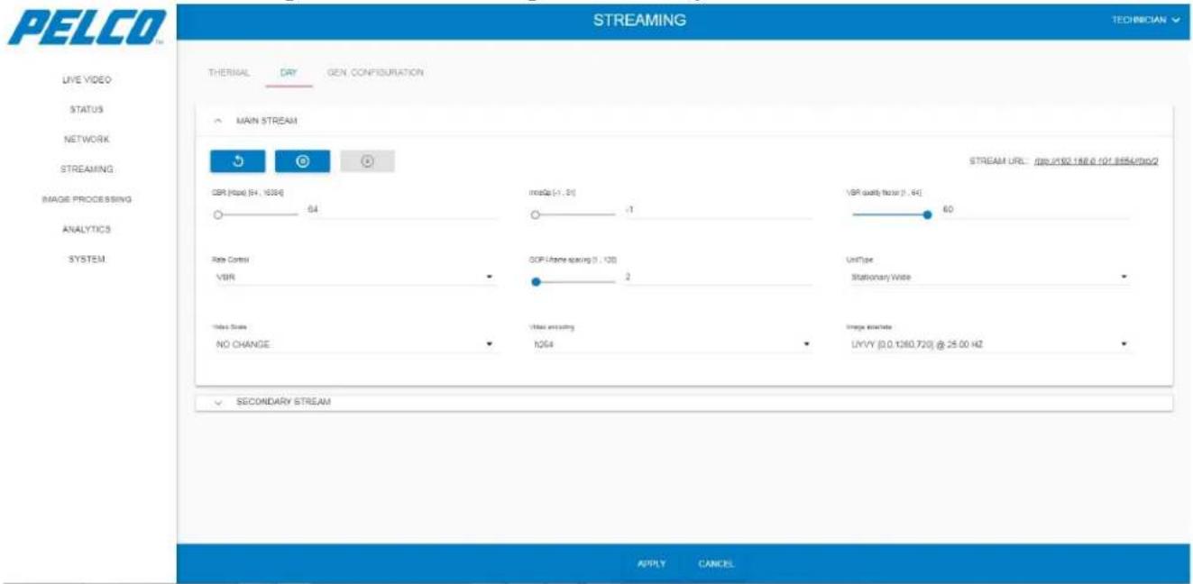 PELCO STREAMING TECHNICIAN THERMAL DAY GEN CONFIGURATION MAIN STREAM GDR (Base) [64, 10384] 64 inline (+, 5) -1 VBR quality factor [1, 64] 60 Rate Control VBR GDP User spacing (1, 120) 2 UnitType Stationary Wide Video Scale No Change Video encoding 1064 Image attribute LVYY [0,0.1260.720] @ 25.00 kHz SECONDARY STREAM APPLY CANCEL STREAM URL: http://92.158.0.101.855/1962
