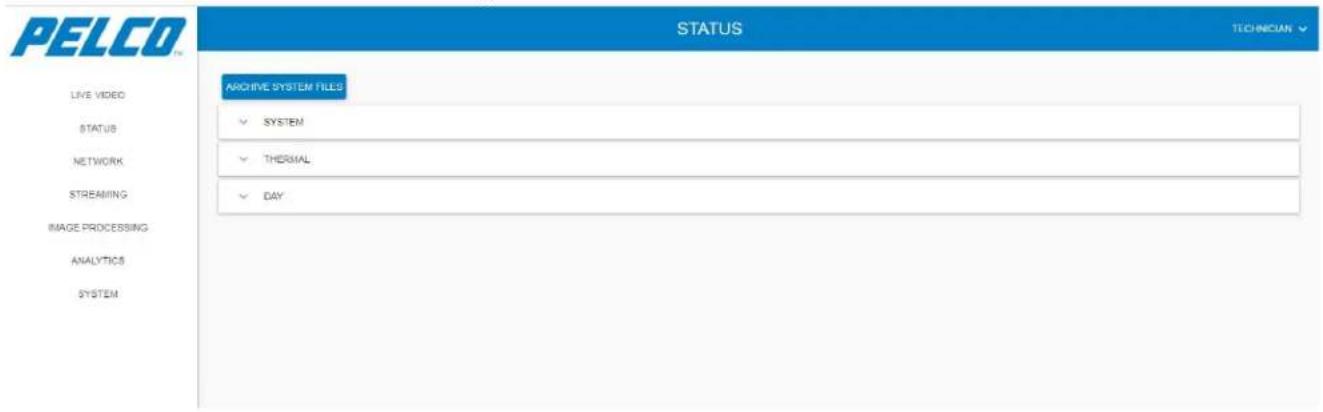PELCO STATUS TECHNICIAN LIVE VIDEO AVCHIVE SYSTEM FILES STATUS ✓ SYSTEM NETWORK ✓ THERMAL STREAMING ✓ DAY IMAGE PROCESSING ANALYTICS SYSTEM