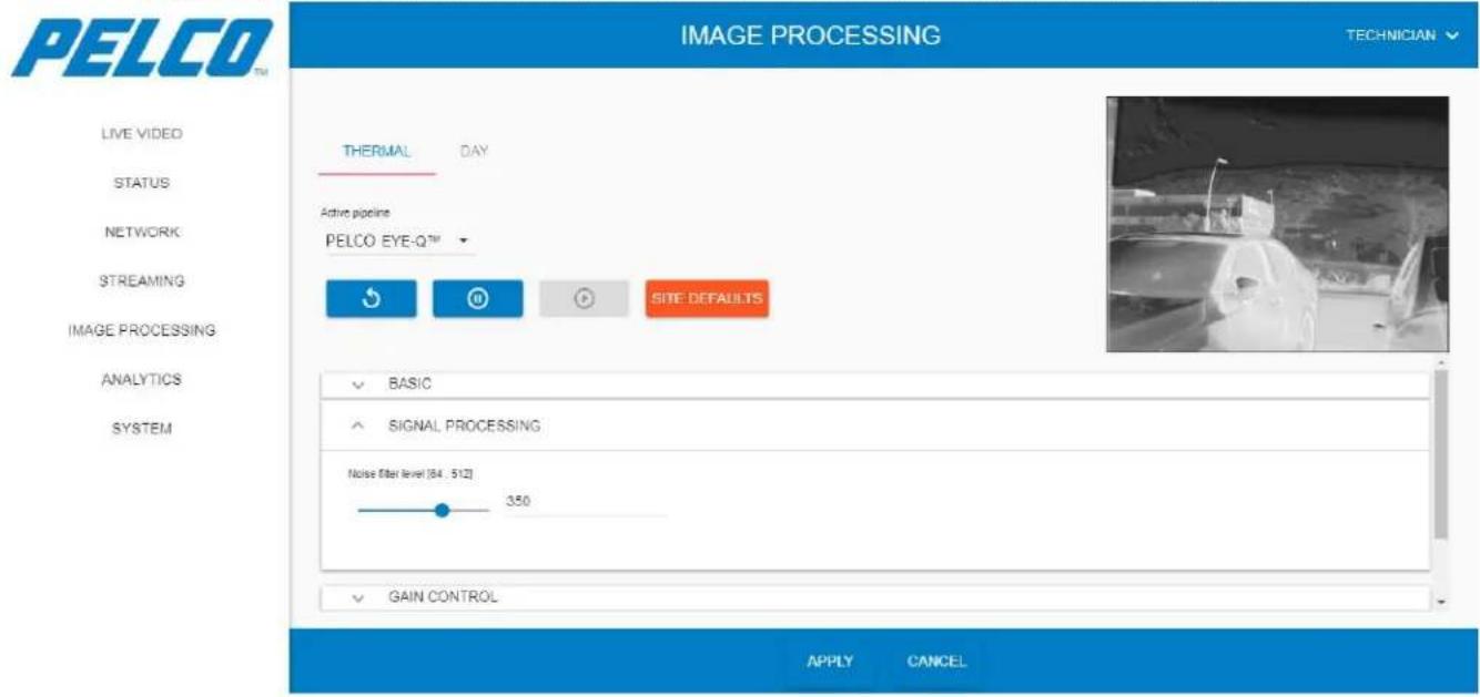 PELCO TM IMAGE PROCESSING TECHNICIAN LIVE VIDEO STATUS NETWORK STREAMING IMAGE PROCESSING ANALYTICS SYSTEM THERMAL DAY Active pipeline PELCO EYE-Q™ SITE DEFAULTS ✓ BASIC ✓ SIGNAL PROCESSING Noise filter level (84.512) 350 ✓ GAIN CONTROL APPLY CANCEL
