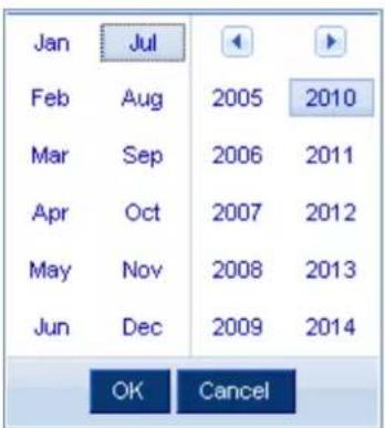 Jan JUL 2005 2010 Feb Aug 2005 2010 Mar Sep 2006 2011 Apr Oct 2007 2012 May Nov 2008 2013 Jun Dec 2009 2014 OK Cancel