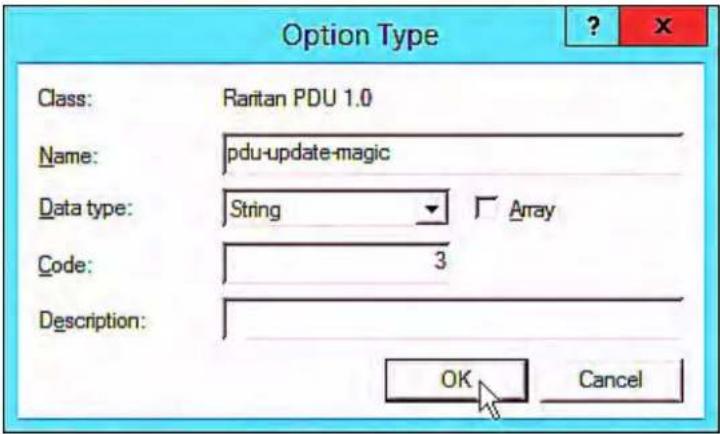 Option Type Class: Raritan PDU 1.0 Name: pdu-update-magic Data type: String Array Code: 3 Description: OK Cancel