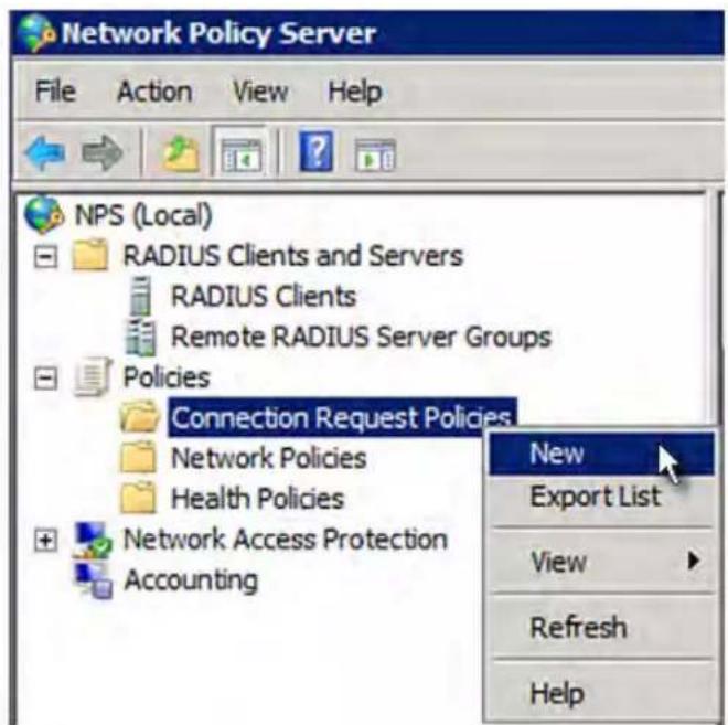 Network Policy Server File Action View Help NPS (Local) RADIUS Clients and Servers RADIUS Clients Remote RADIUS Server Groups Policies Connection Request Policies Network Policies Health Policies Network Access Protection Accounting New Export List View Refresh Help