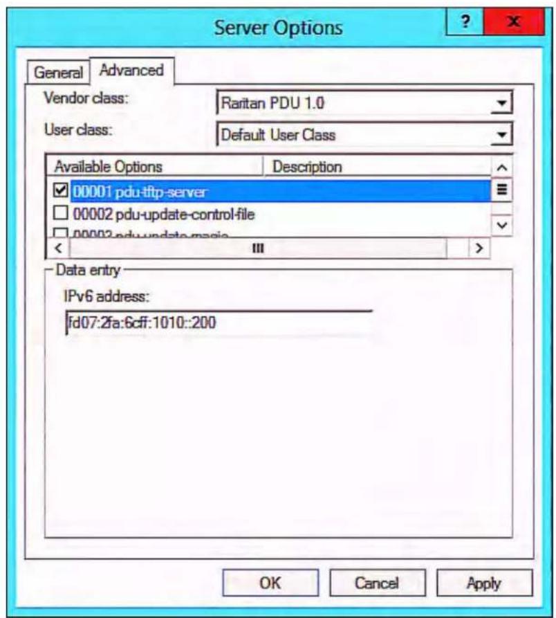 Server Options General Advanced Vendor class: Raritan PDU 1.0 User class: Default User Class Available Options Description ✓ 00001 pdu-tftp-server ☐ 00002 pdu-update-control-file ☐ 00003.pdu-update-magic < III > Data entry IPv6 address: fd07:2fa:6cff:1010::200 OK Cancel Apply