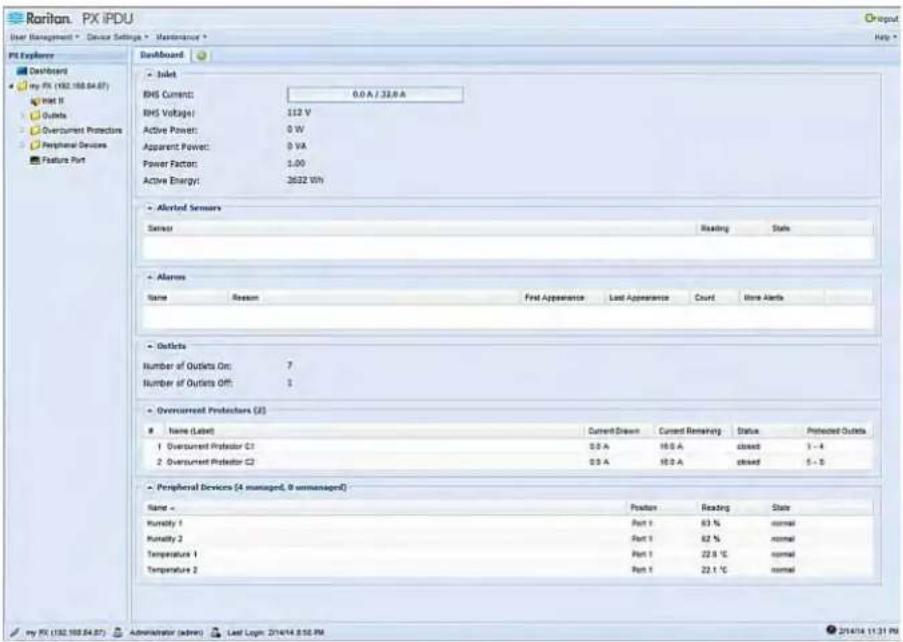 Rxitan. PX IPDU User Management - Device Settings - Maintenance - PI Explorer Dashboard • Nolet RHS Current: 0.0 A / 33.0 A RHS Voltage: 112 V Active Power: 0 V Apparent Power: 0 VA Power Factor: 1.00 Active Energy: 2632 Wh • Alerted Sensors Sensor Reading State • Alarms Name Reason First Appearance Last Appearance Count More Alerts • Outlets Number of Outlets On: 7 Number of Outlets Off: 1 • Overcurrent Protectors (2) Name (Label) Current Drawn Current Remeshing Status Protected Outlets 1 Overcurrent Protector C1 0.9 A 10.0 A closed 1 - 4 2 Overcurrent Protector C2 0.9 A 10.0 A closed 5 - 5 • Peripheral Devices (4 managed, 8 unmanaged) Name = Position Reading State Maturity 1 Part 1 83 % normal Maturity 2 Part 1 82 % normal Temperature 1 Part 1 22.9 °C normal Temperature 2 Part 1 22.1 °C normal my FX (102.168.54.57) Last Logm: 2016/14.8:56 PM 2016/14.11:31 PM