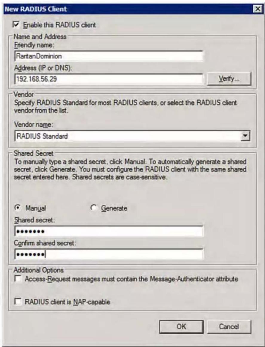 New RADIUS Client Enable this RADIUS client Name and Address Friendly name: RantanDominion Address (IP or DNS): 192.168.56.29 Verify... Vendor Specify RADIUS Standard for most RADIUS clients, or select the RADIUS client vendor from the list. Vendor name: RADIUS Standard Shared Secret To manually type a shared secret, click Manual. To automatically generate a shared secret, click Generate. You must configure the RADIUS client with the same shared secret entered here. Shared secrets are case-sensitive. Manual Generate Shared secret: ************ Confirm shared secret: ************ Additional Options Access-Request messages must contain the Message-Authenticator attribute RADIUS client is NAP-capable OK Cancel