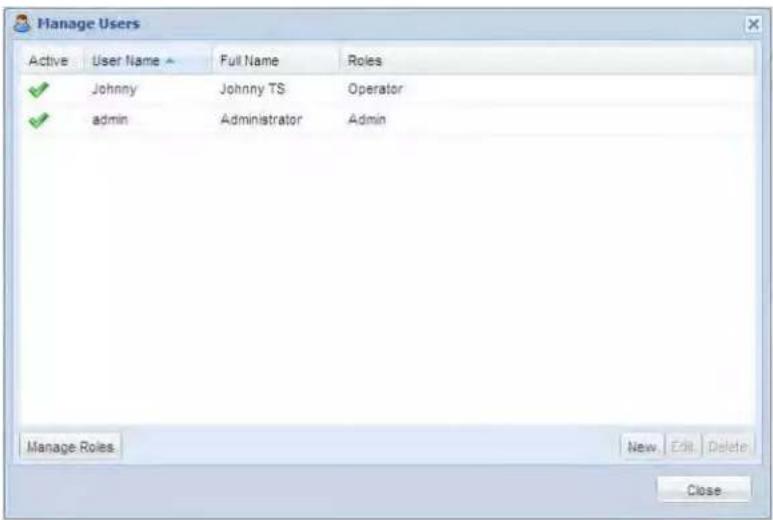 Manage Users Active User Name Full Name Roles ✓ Johnny Johnny TS Operator ✓ admin Administrator Admin Manage Roles New Edit Delete Close