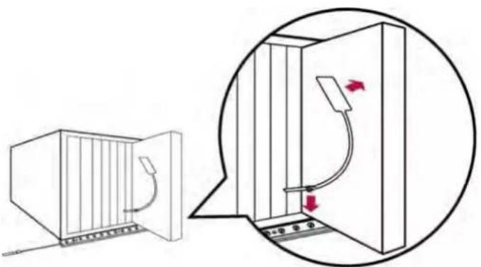 Diagram showing a door opening and a close-up of the door with directional arrows indicating movement or force.