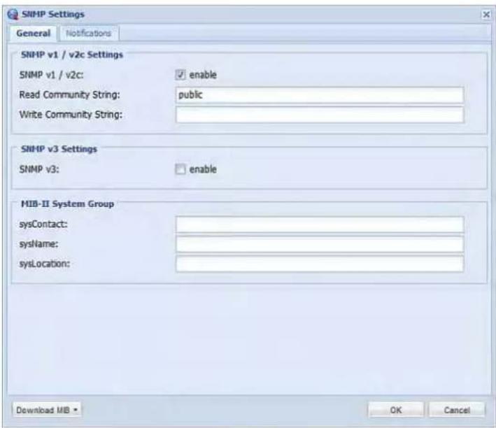 SNMP Settings General Notifications SNMP v1 / v2c Settings SNMP v1 / v2c: enable Read Community String: public Write Community String: SNMP v3 Settings SNMP v3: enable MIB-II System Group sysContact: sysName: sysLocation: Download MIB • OK Cancel
