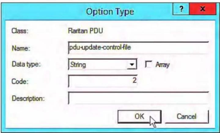 Option Type Class: Raritan PDU Name: pdu-update-control-file Data type: String Array Code: 2 Description: OK Cancel