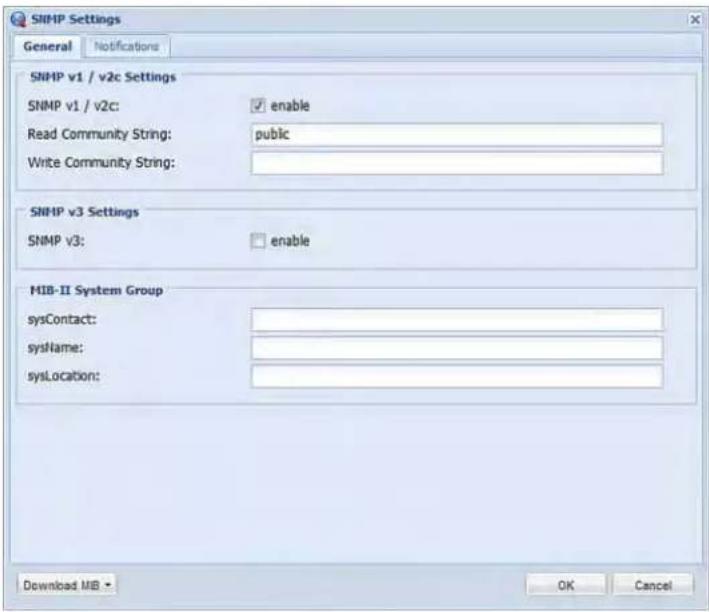 SNMP Settings General Notifications SNMP v1 / v2c Settings SNMP v1 / v2c: enable Read Community String: pubic Write Community String: SNMP v3 Settings SNMP v3: enable MIB-II System Group sysContact: sysName: sysLocation: Download MIB OK Cancel