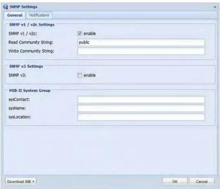 SNMP Settings General Notifications SNMP v1 / v2c Settings SNMP v1 / v2c: ✓ enable Read Community String: public Write Community String: SNMP v3 Settings SNMP v3: ✓ enable MIB-II System Group sysContact: sysName: sysLocation: Download MIB • OK Cancel