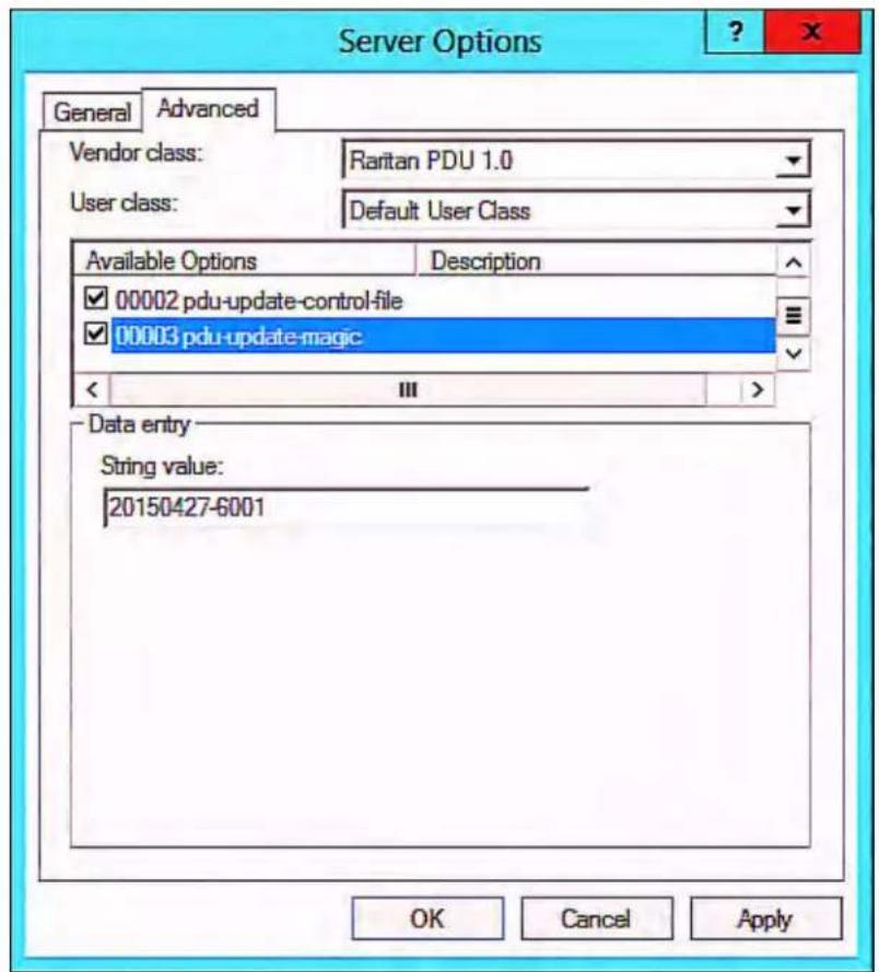 Server Options General Advanced Vendor class: Raritan PDU 1.0 User class: Default User Class Available Options Description ✓ 00002 pdu-update-control-file ✓ 00003 pdu-update-magic Data entry String value: 20150427-6001 OK Cancel Apply