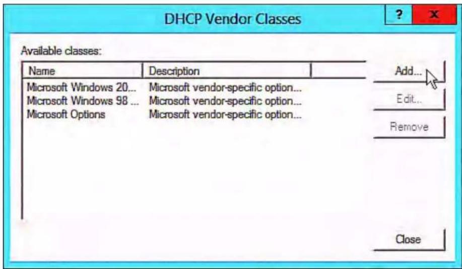 DHCP Vendor Classes Available classes: Name Description Microsoft Windows 20... Microsoft vendor-specific option... Microsoft Windows 98 ... Microsoft vendor-specific option... Microsoft Options Microsoft vendor-specific option... Add... Edit... Remove Close