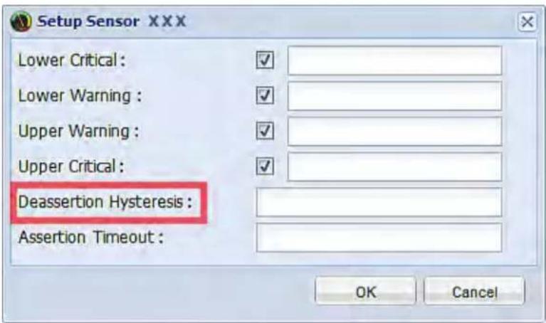 Setup Sensor XXX Lower Critical: ✓ Lower Warning: ✓ Upper Warning: ✓ Upper Critical: ✓ Deassertion Hysteresis: Assertion Timeout: OK Cancel