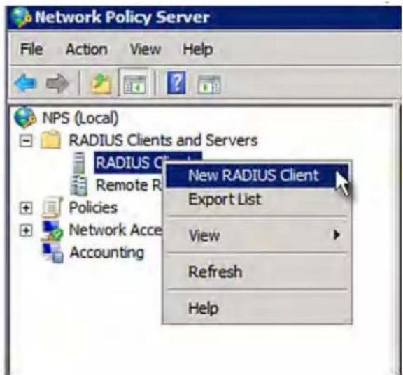 Network Policy Server File Action View Help NPS (Local) RADIUS Clients and Servers RADIUS Client Remote R Policies Network Acc Accounting New RADIUS Client Export List View Refresh Help