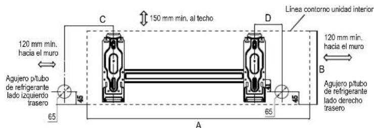 120 mm min. hacia el muro Agujero pitubo de refrigerante lado izquierdo trasero 65 C 150 mm min. al techo D Linea contorno unidad interior 120 mm min. hacia el muro B Agujero pitubo de refrigerante lado derecho trasero 65