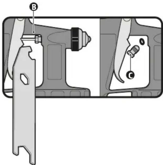 Technical diagram showing mechanical assembly with labeled parts B and C, likely illustrating a component or assembly.