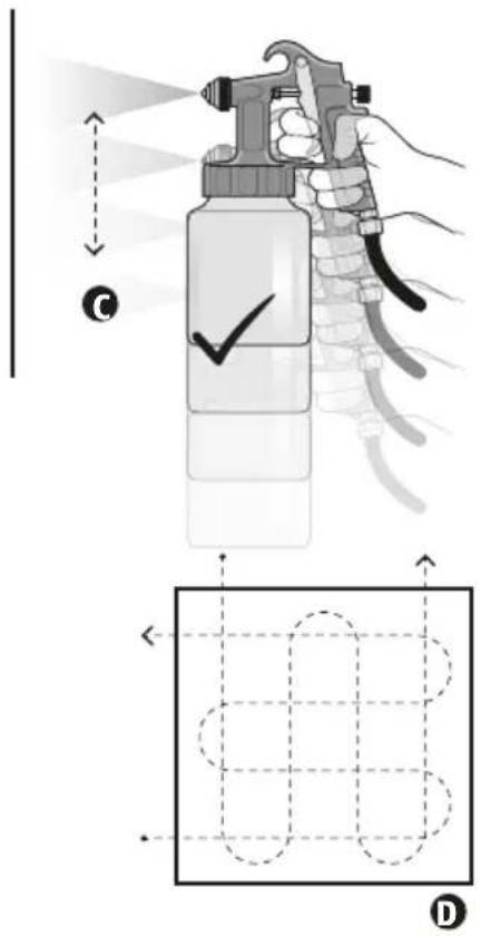 Diagram illustrating spray gun application with labeled components and a grid-based visualization