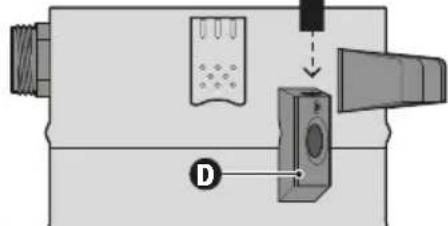 Diagram showing a mechanical or electrical component with labeled parts and directional arrow, including a numbered point D.