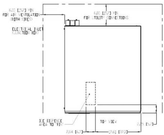 6.05 [5.2] MIN FOR AIR VENTILATION (10TH SIDES) ELECTRICAL INLET CONNECTION 100 6.05 [5.2] MIN FOR UTILITY CONNECTIONS IE REFERENCE 2.64 TO 100% TOP VIEW [2.6] [320] 2.64 [6.7]