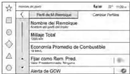 NOMBRE DEL PARTI Fujero 22° 11:00 pm < | Parti de Ml Remolque | Canbiar Partiles Nombre del Remolque Nombre del parti del trailer Millaje Total 1200 km Economía Promedio de Combustible 12 km/L Fijar como Rem. Pred. Valor Prestemonado Ninguno Alerta de GCW