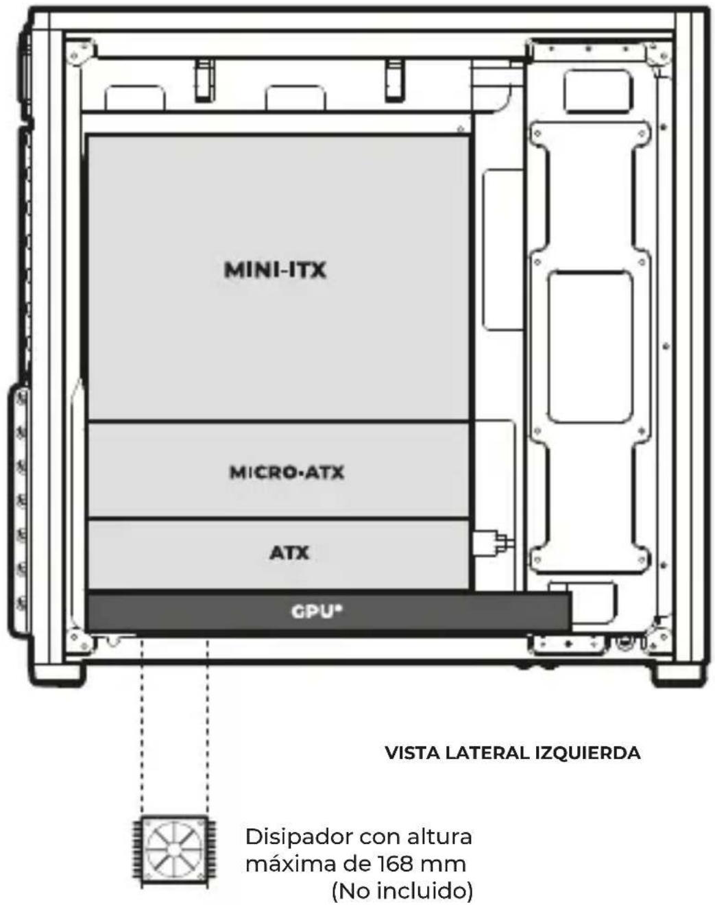 MINI-ITX MICRO-ATX ATX GPU* VISTA LATERAL IZQUIERDA Disipador con altura máxima de 168 mm (No incluido)