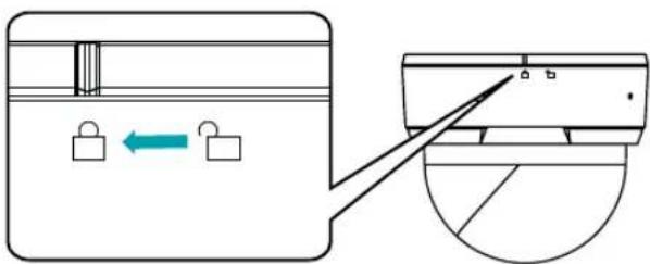 Diagram showing a door lock mechanism with directional arrows and a close-up of the lock component, likely illustrating a door lock mechanism.