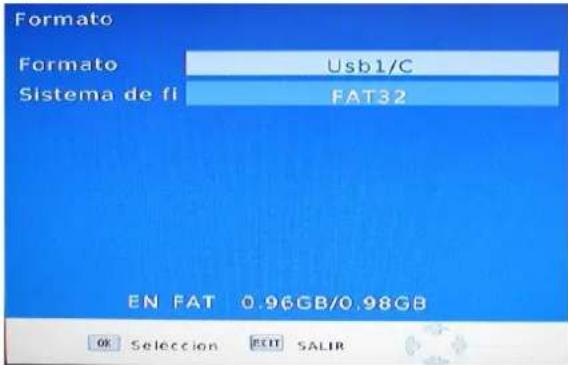 Formato Formato Usb1/C Sistema de fi FAT32 EN FAT 0.96GB/0.98GB OK Seleccion EXIT SALIR