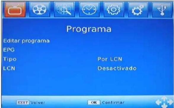 Programa Editar programa EPG Tipo Por LCN LCN Desactivado EXIT Volver OK Confirmar
