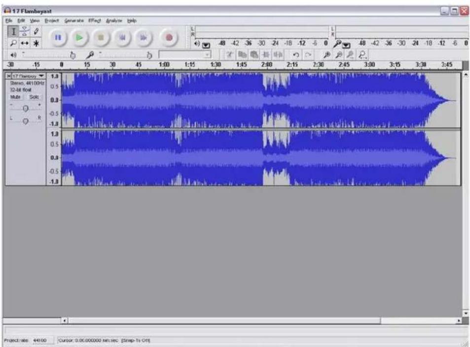 17 Flambeyast File Edit View Project Generate Effect Analyzer Help L R -48 -42 -36 -30 -24 -18 -12 -5 0 48 -42 -36 -30 -24 -18 -12 -5 0 30 -15 0 15 30 45 1:00 1:15 1:30 1:45 2:00 2:15 2:30 2:45 3:00 3:15 3:30 3:45 17 (Flambey) Stero, 4410GHz 12-bit float Multi Sole L R 1.0 0.5 0.3- -0.5 -1.8 1.0 0.5 0.3- -0.5 -1.8 Project rate: 44100 Cursor: 0.00.000000 sec/sec [Step-Ti-Cft]