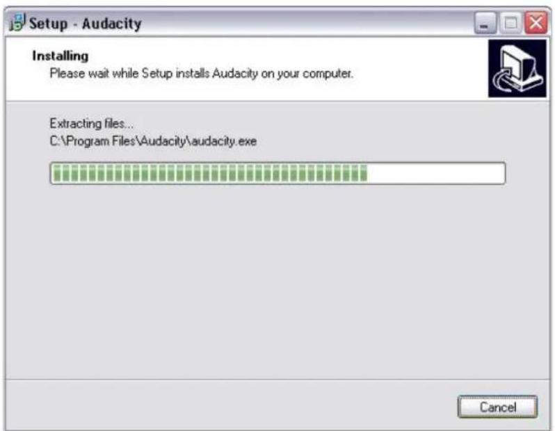 Setup - Audacity Installing Please wait while Setup installs Audacity on your computer. Extracting files... C:\Program Files\Audacity\audacity.exe Cancel
